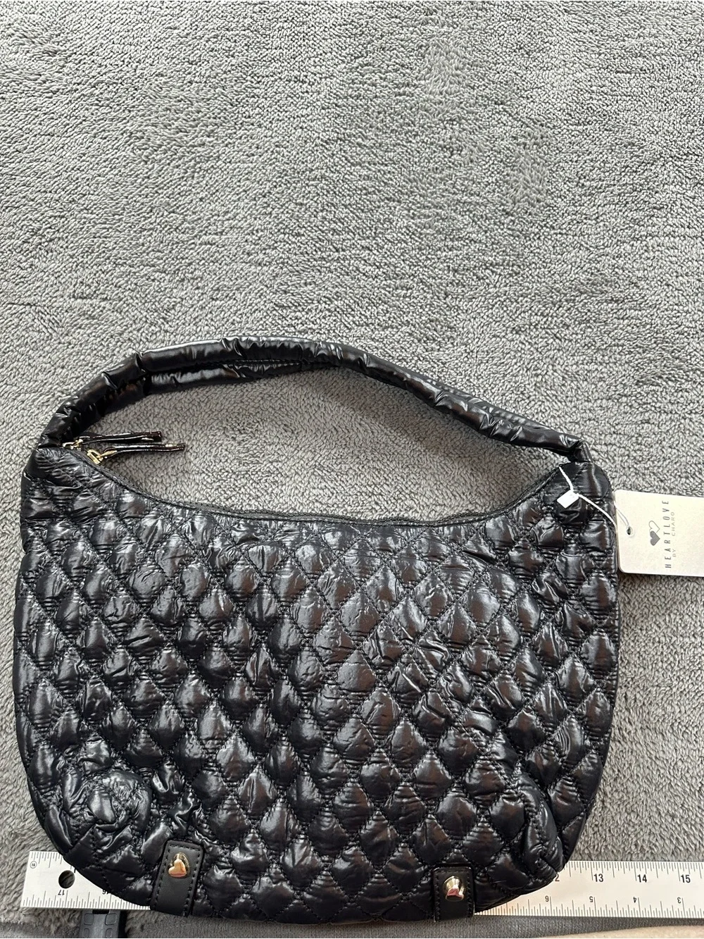 Heart Love by Charo Black Quilted Shoulder Hobo Bag New